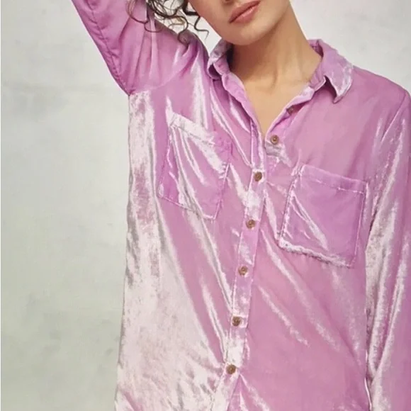 Pilcro Mara Pink Velvet Button-Up 👚 Size 8 - Picture 2 of 6